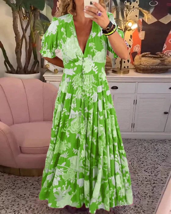 Carine | Taskullinen mekko, V-pääntie, kukkakuosi