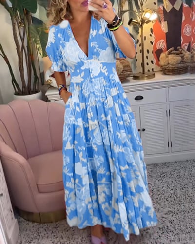 Carine | Taskullinen mekko, V-pääntie, kukkakuosi