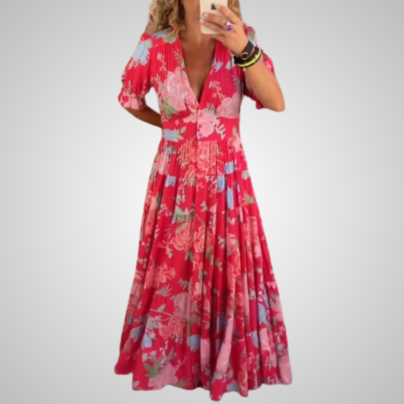 Carine | Taskullinen mekko, V-pääntie, kukkakuosi