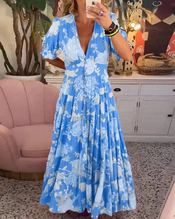 Carine | Taskullinen mekko, V-pääntie, kukkakuosi