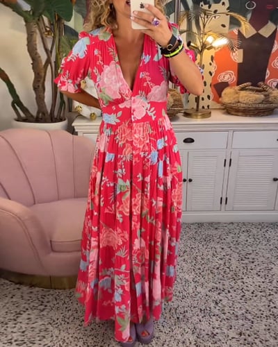Carine | Taskullinen mekko, V-pääntie, kukkakuosi